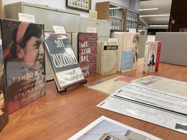 Books on display as part of the Sylvia Plath Collection in the Gannett Library.
